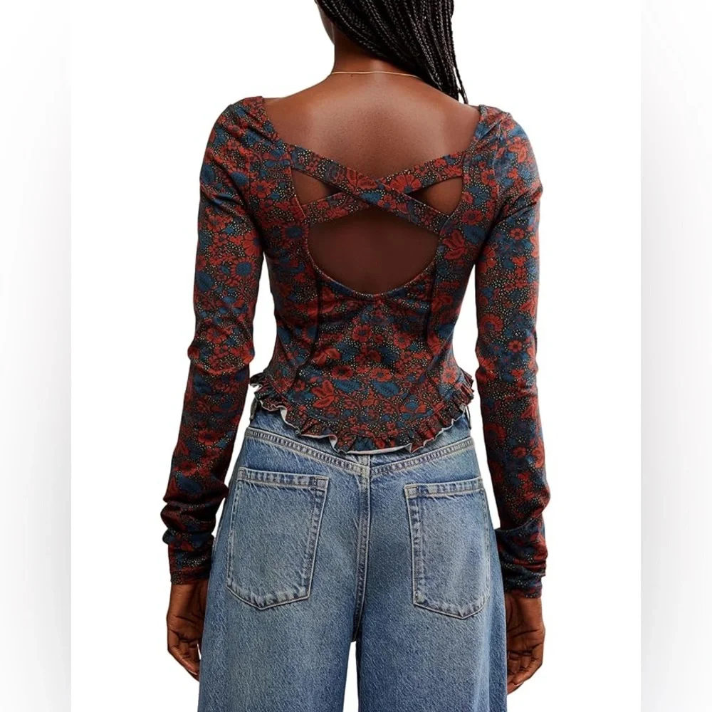 FREE PEOPLE Melanie Long Sleeve Floral Top - Size XS - Crisscross Back - NWT